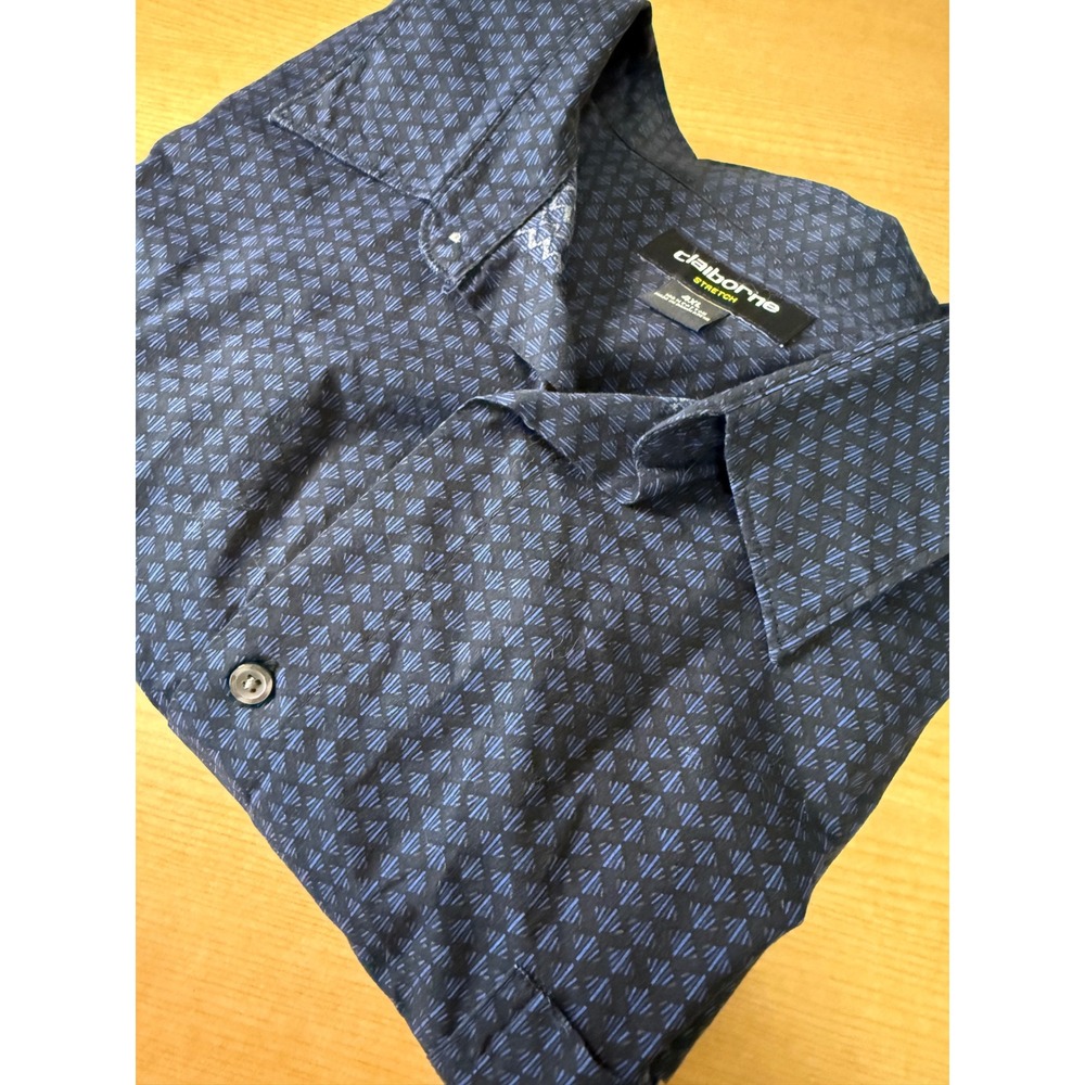 Claiborne Stretch Mens 4XL Blue Geometric Diamond Print Button Down Shirt Long